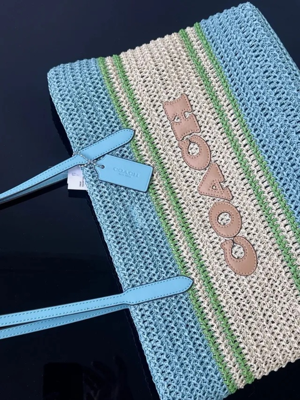 Coach Straw Tote in Light Blue, Cream and Green Stripes - Picture 3 of 6